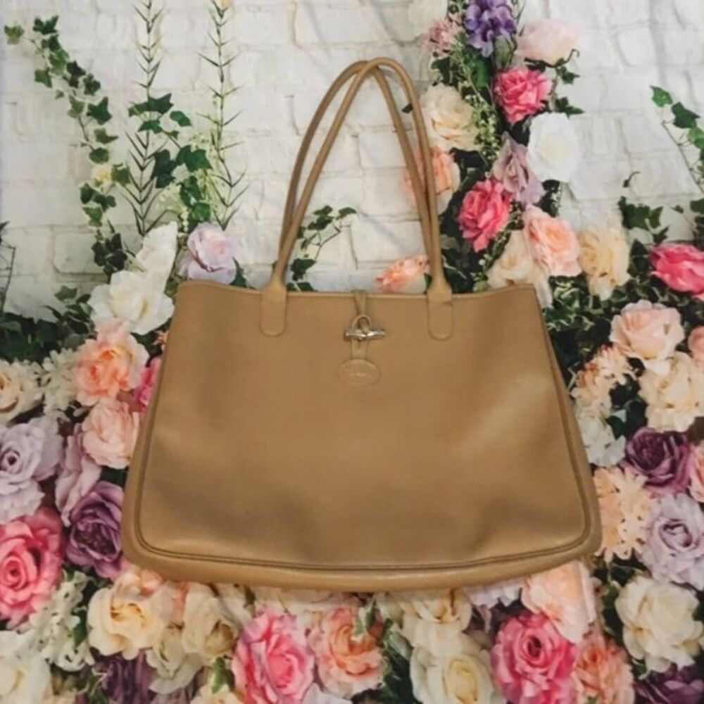 Longchamp 12” x 14” shoulder tote light tan leather Fair used condition
